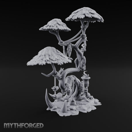 Mask-Dangled Rope-Twisted Tribal Spirit Tree Scene Miniature for Dungeons and Dragons, Pathfinder or other TTRPGs