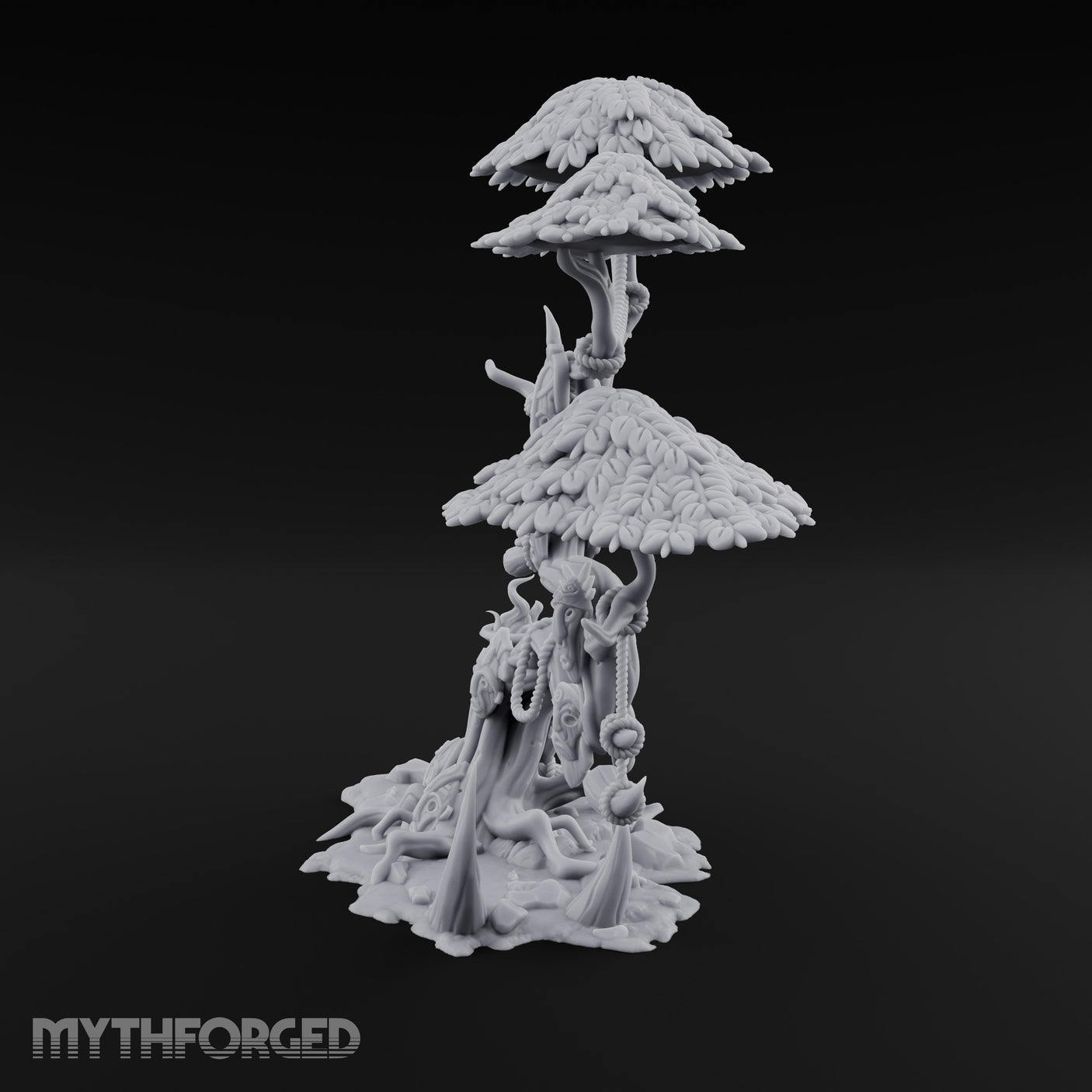Mask-Dangled Rope-Twisted Tribal Spirit Tree Scene Miniature for Dungeons and Dragons, Pathfinder or other TTRPGs