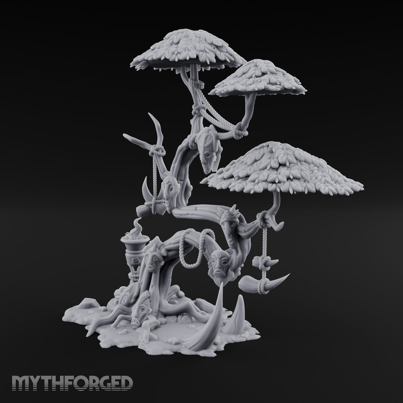 Mask-Dangled Rope-Twisted Tribal Spirit Tree Scene Miniature for Dungeons and Dragons, Pathfinder or other TTRPGs