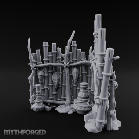 Mask-Hung Urn-Cluttered Tribal Bamboo Corner Wall Miniature for Dungeons and Dragons, Pathfinder or other TTRPGs