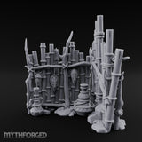 Mask-Hung Urn-Cluttered Tribal Bamboo Corner Wall Miniature for Dungeons and Dragons, Pathfinder or other TTRPGs