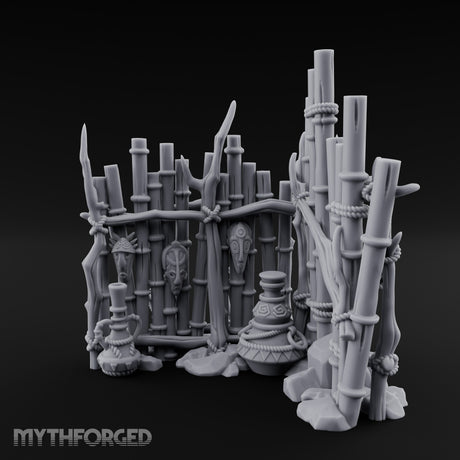 Mask-Hung Urn-Cluttered Tribal Bamboo Corner Wall Miniature for Dungeons and Dragons, Pathfinder or other TTRPGs