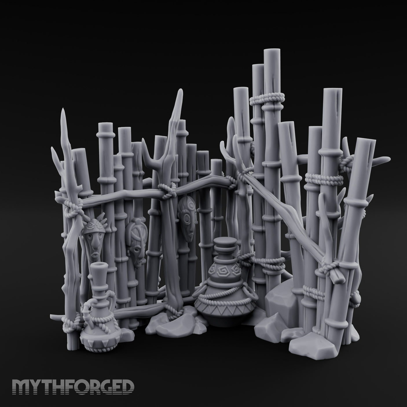 Mask-Hung Urn-Cluttered Tribal Bamboo Corner Wall Miniature for Dungeons and Dragons, Pathfinder or other TTRPGs