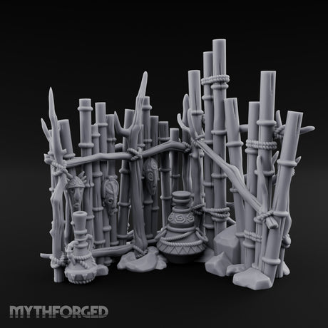 Mask-Hung Urn-Cluttered Tribal Bamboo Corner Wall Miniature for Dungeons and Dragons, Pathfinder or other TTRPGs