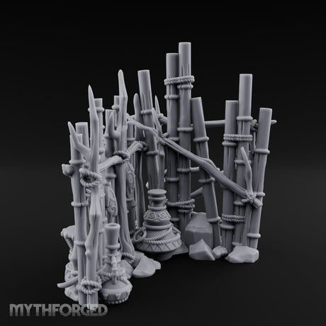 Mask-Hung Urn-Cluttered Tribal Bamboo Corner Wall Miniature for Dungeons and Dragons, Pathfinder or other TTRPGs