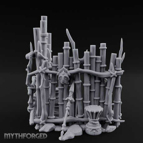 Mask-Hung Urn-Cluttered Tribal Bamboo Corner Wall Miniature for Dungeons and Dragons, Pathfinder or other TTRPGs