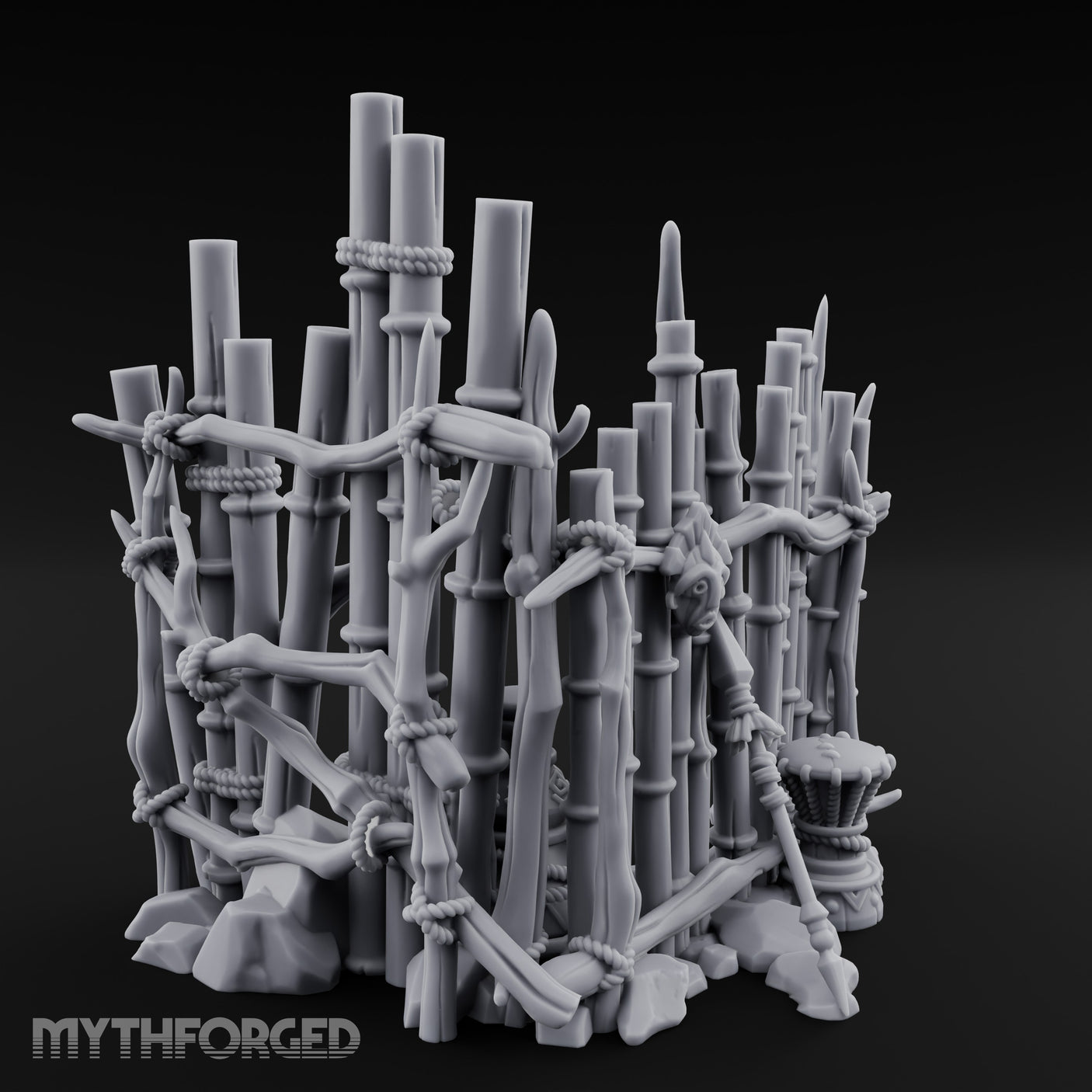 Mask-Hung Urn-Cluttered Tribal Bamboo Corner Wall Miniature for Dungeons and Dragons, Pathfinder or other TTRPGs