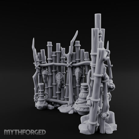 Mask-Hung Urn-Cluttered Tribal Bamboo Corner Wall Miniature for Dungeons and Dragons, Pathfinder or other TTRPGs