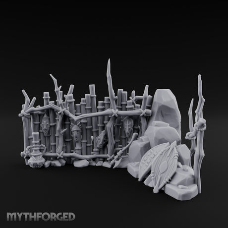 Mask-Hung Weapon-Strewn Tribal Bamboo Corner Wall Scene Miniature for Dungeons and Dragons, Pathfinder or other TTRPGs