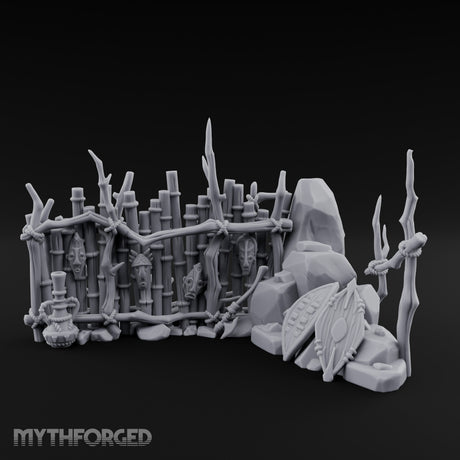 Mask-Hung Weapon-Strewn Tribal Bamboo Corner Wall Scene Miniature for Dungeons and Dragons, Pathfinder or other TTRPGs