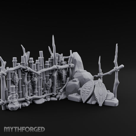 Mask-Hung Weapon-Strewn Tribal Bamboo Corner Wall Scene Miniature for Dungeons and Dragons, Pathfinder or other TTRPGs