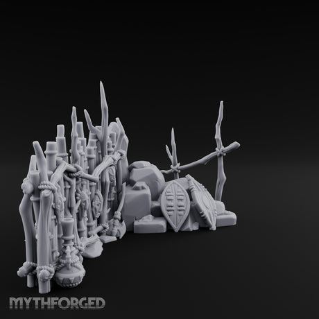Mask-Hung Weapon-Strewn Tribal Bamboo Corner Wall Scene Miniature for Dungeons and Dragons, Pathfinder or other TTRPGs