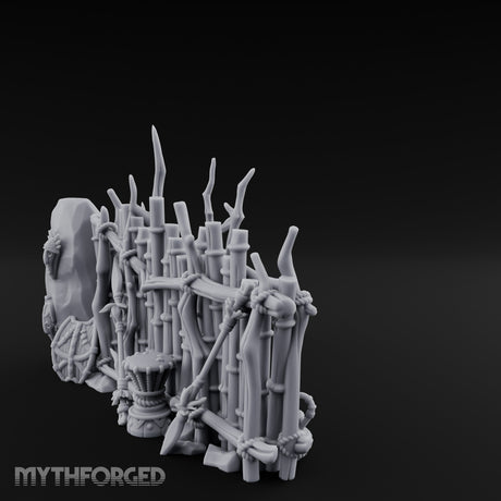 Mask-Hung Weapon-Strewn Tribal Bamboo Corner Wall Scene Miniature for Dungeons and Dragons, Pathfinder or other TTRPGs