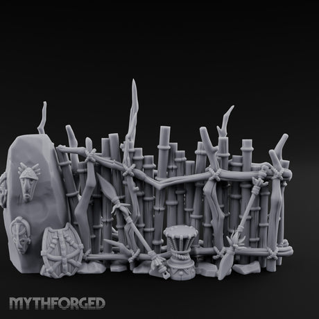 Mask-Hung Weapon-Strewn Tribal Bamboo Corner Wall Scene Miniature for Dungeons and Dragons, Pathfinder or other TTRPGs