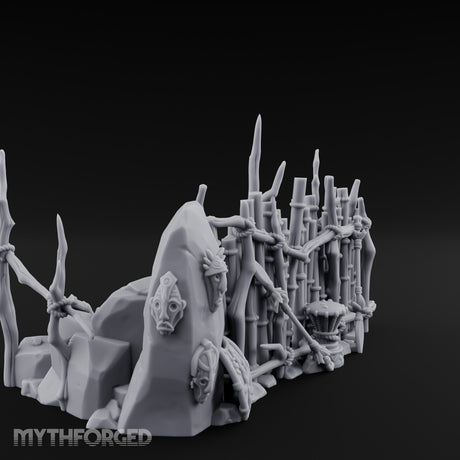 Mask-Hung Weapon-Strewn Tribal Bamboo Corner Wall Scene Miniature for Dungeons and Dragons, Pathfinder or other TTRPGs