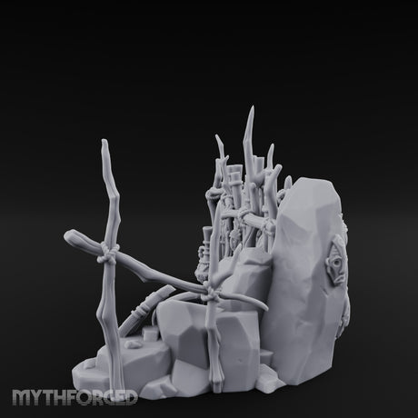 Mask-Hung Weapon-Strewn Tribal Bamboo Corner Wall Scene Miniature for Dungeons and Dragons, Pathfinder or other TTRPGs