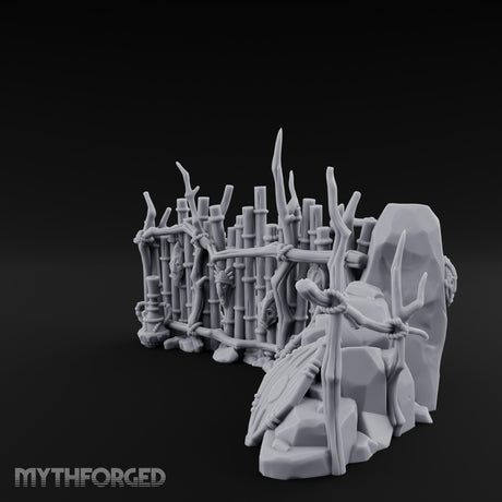 Mask-Hung Weapon-Strewn Tribal Bamboo Corner Wall Scene Miniature for Dungeons and Dragons, Pathfinder or other TTRPGs