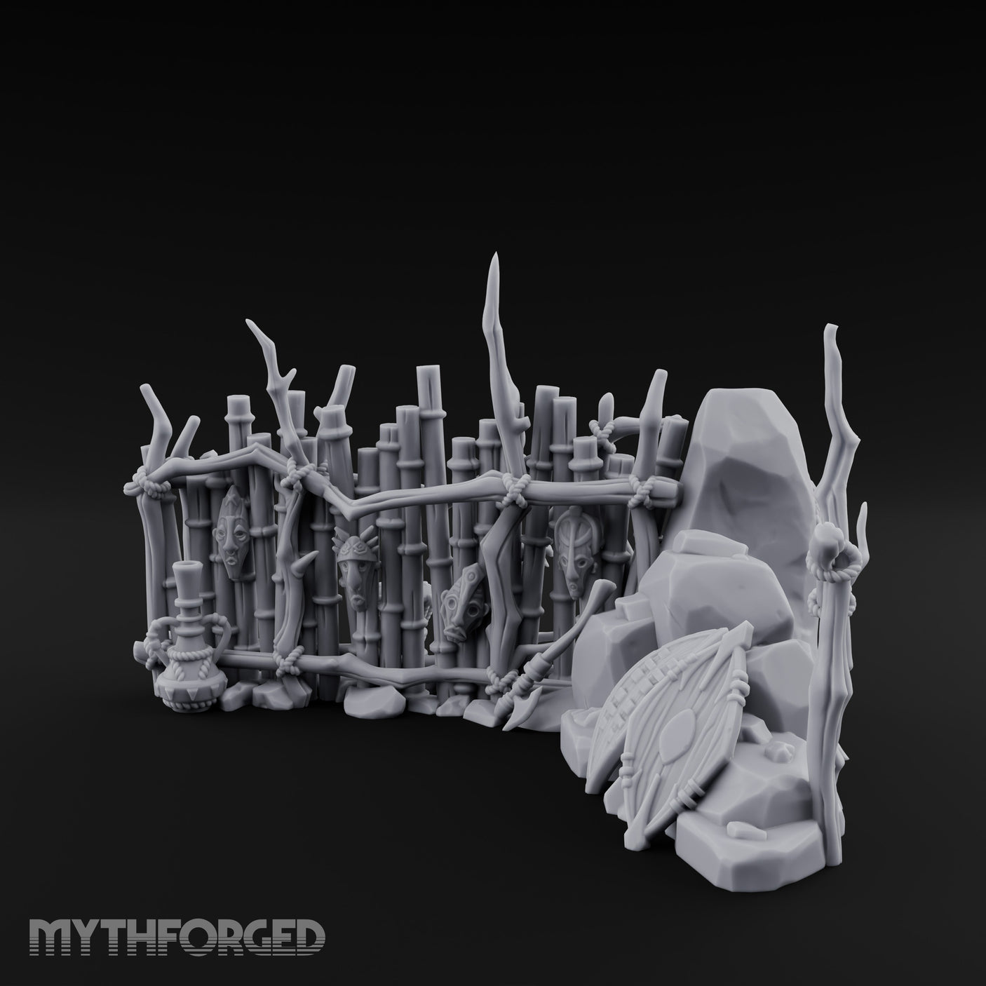 Mask-Hung Weapon-Strewn Tribal Bamboo Corner Wall Scene Miniature for Dungeons and Dragons, Pathfinder or other TTRPGs