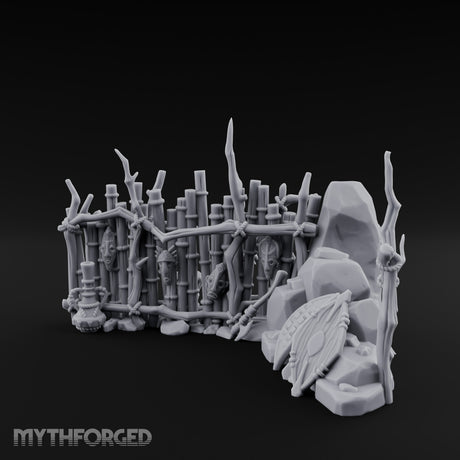 Mask-Hung Weapon-Strewn Tribal Bamboo Corner Wall Scene Miniature for Dungeons and Dragons, Pathfinder or other TTRPGs