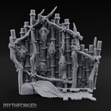 Mask-Nailed Vine-Tangled Tribal Bamboo Wall Scene Miniature for Dungeons and Dragons, Pathfinder or other TTRPGs