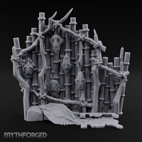 Mask-Nailed Vine-Tangled Tribal Bamboo Wall Scene Miniature for Dungeons and Dragons, Pathfinder or other TTRPGs