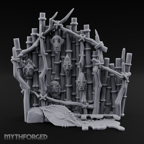 Mask-Nailed Vine-Tangled Tribal Bamboo Wall Scene Miniature for Dungeons and Dragons, Pathfinder or other TTRPGs