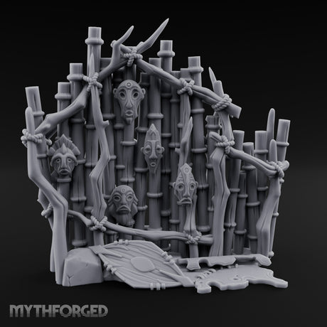Mask-Nailed Vine-Tangled Tribal Bamboo Wall Scene Miniature for Dungeons and Dragons, Pathfinder or other TTRPGs