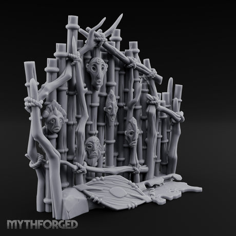 Mask-Nailed Vine-Tangled Tribal Bamboo Wall Scene Miniature for Dungeons and Dragons, Pathfinder or other TTRPGs