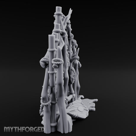 Mask-Nailed Vine-Tangled Tribal Bamboo Wall Scene Miniature for Dungeons and Dragons, Pathfinder or other TTRPGs