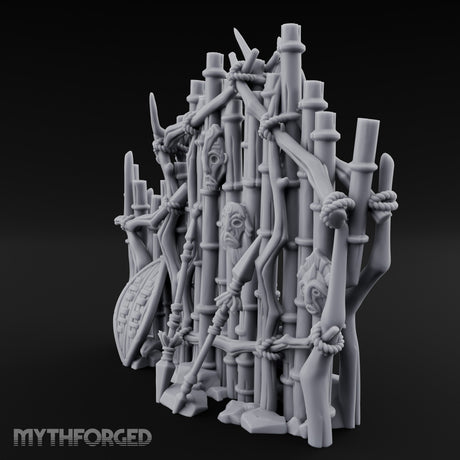 Mask-Nailed Vine-Tangled Tribal Bamboo Wall Scene Miniature for Dungeons and Dragons, Pathfinder or other TTRPGs