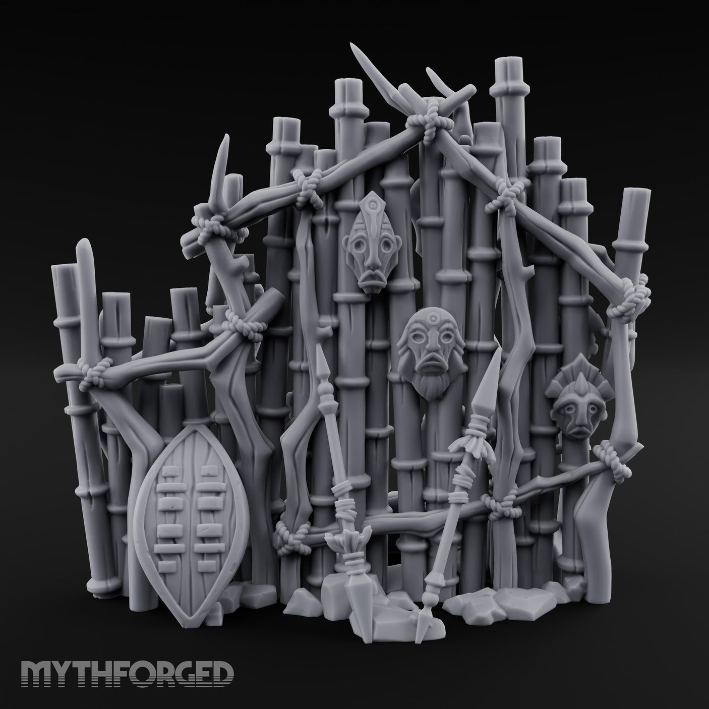 Mask-Nailed Vine-Tangled Tribal Bamboo Wall Scene Miniature for Dungeons and Dragons, Pathfinder or other TTRPGs