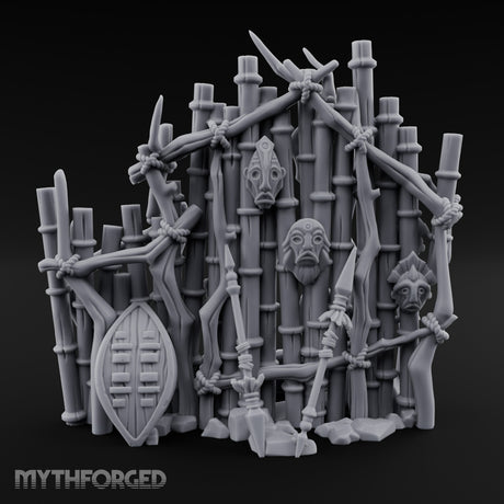 Mask-Nailed Vine-Tangled Tribal Bamboo Wall Scene Miniature for Dungeons and Dragons, Pathfinder or other TTRPGs