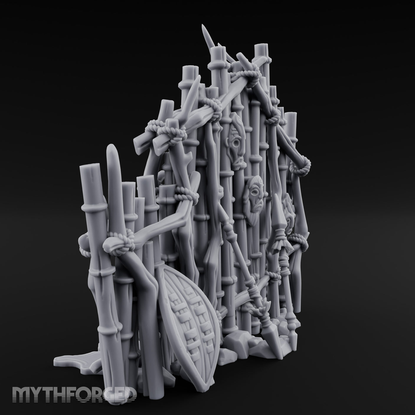 Mask-Nailed Vine-Tangled Tribal Bamboo Wall Scene Miniature for Dungeons and Dragons, Pathfinder or other TTRPGs