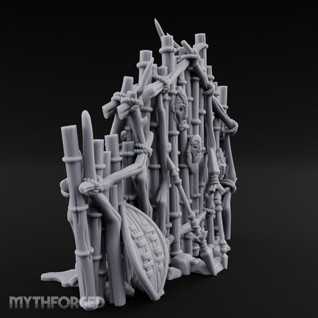 Mask-Nailed Vine-Tangled Tribal Bamboo Wall Scene Miniature for Dungeons and Dragons, Pathfinder or other TTRPGs