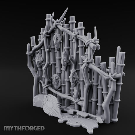 Mask-Nailed Vine-Tangled Tribal Bamboo Wall Scene Miniature for Dungeons and Dragons, Pathfinder or other TTRPGs