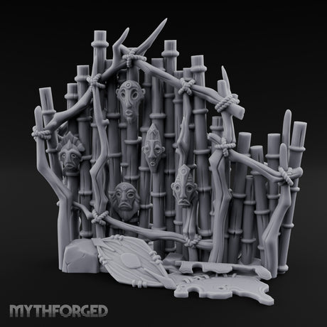 Mask-Nailed Vine-Tangled Tribal Bamboo Wall Scene Miniature for Dungeons and Dragons, Pathfinder or other TTRPGs