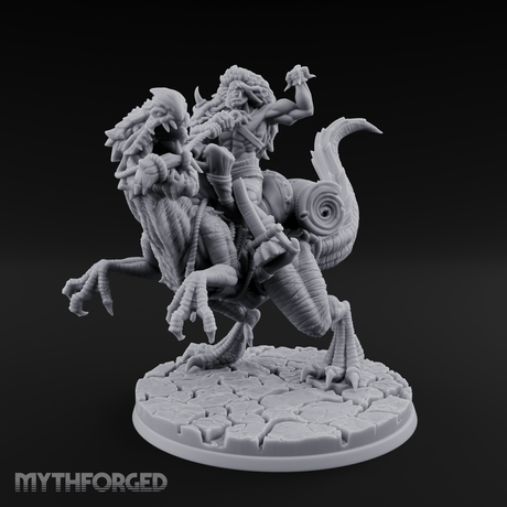 Trunk Raised Triumphant Orc Velociraptor Rider Miniature for Dungeons and Dragons, Pathfinder or other TTRPGs