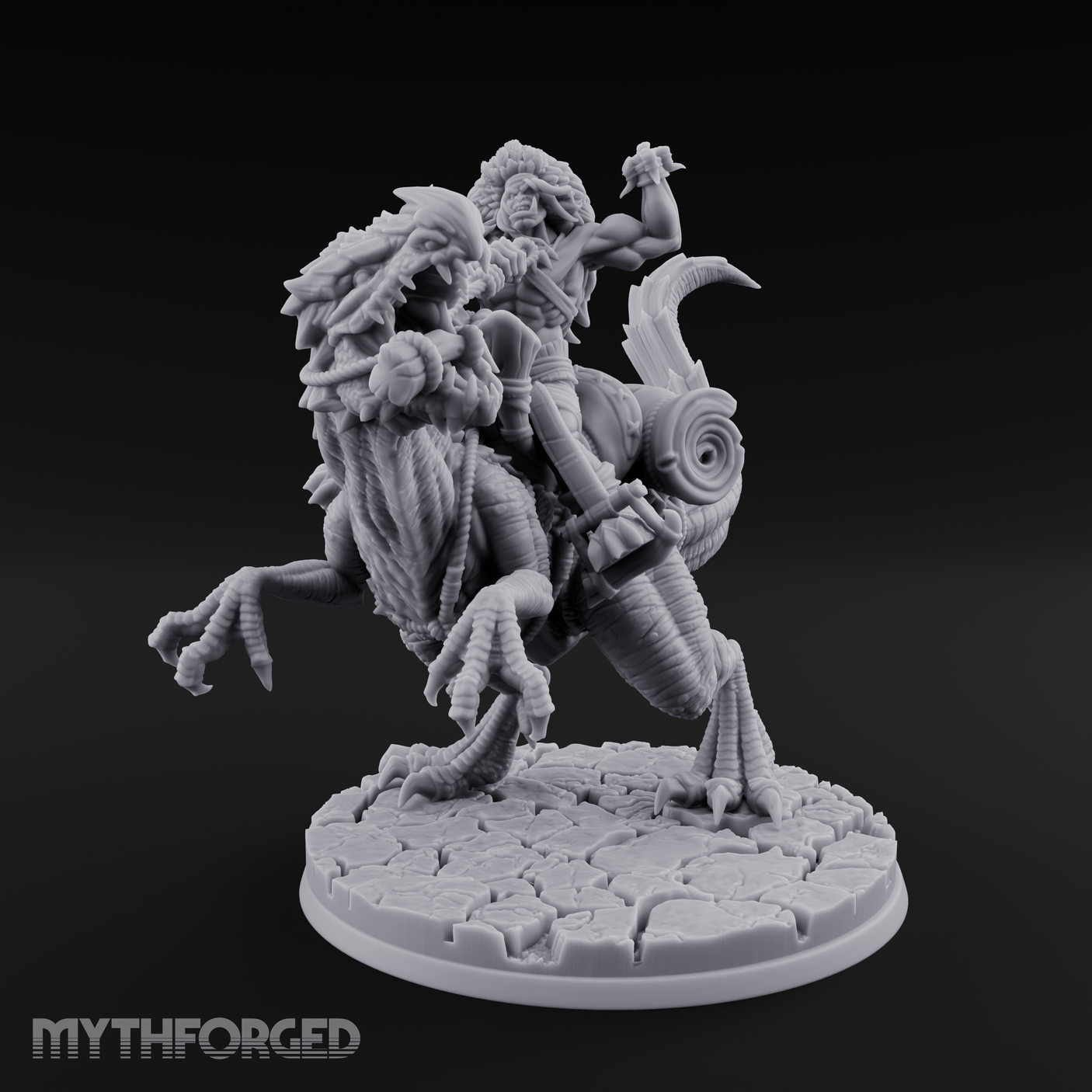 Trunk Raised Triumphant Orc Velociraptor Rider Miniature for Dungeons and Dragons, Pathfinder or other TTRPGs