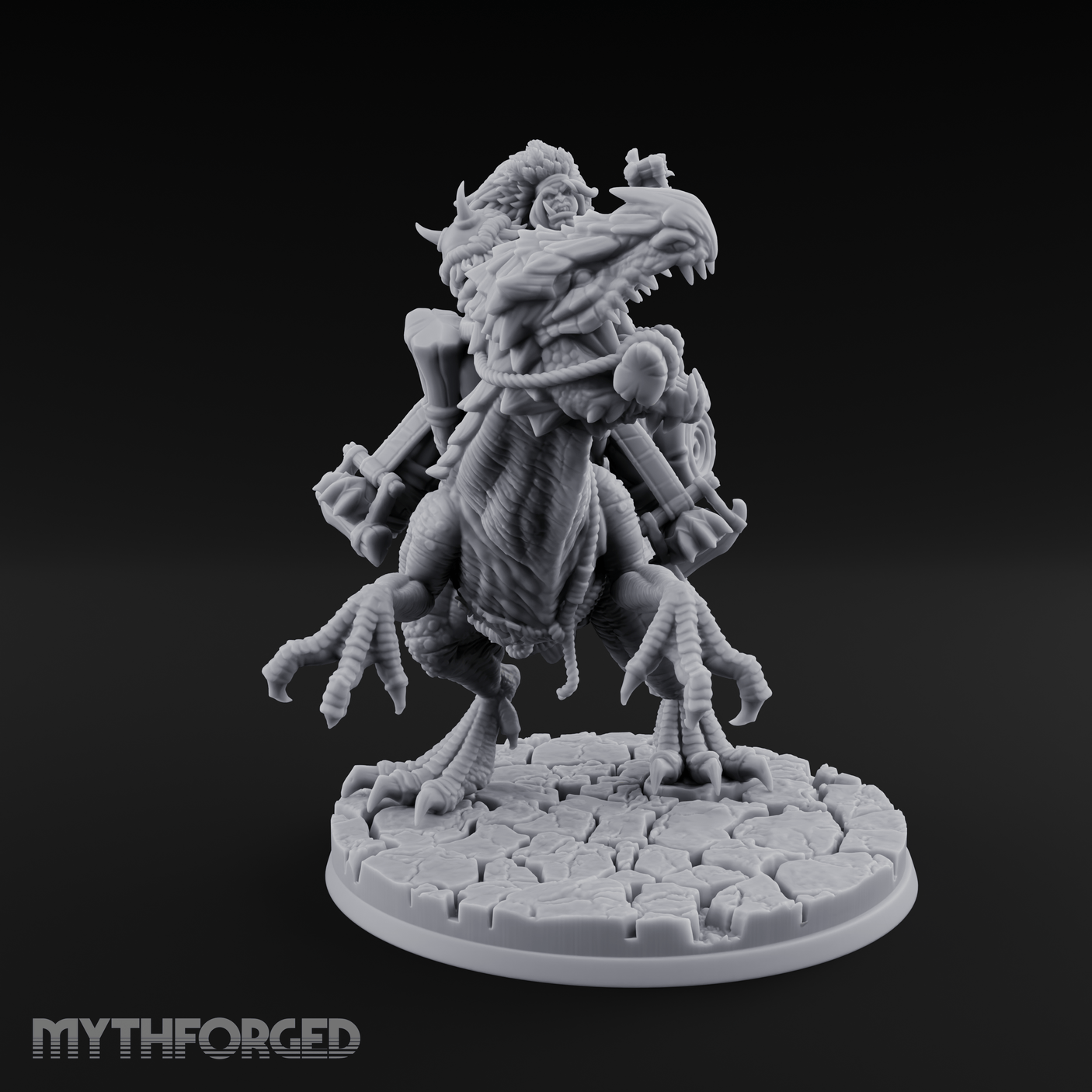 Trunk Raised Triumphant Orc Velociraptor Rider Miniature for Dungeons and Dragons, Pathfinder or other TTRPGs
