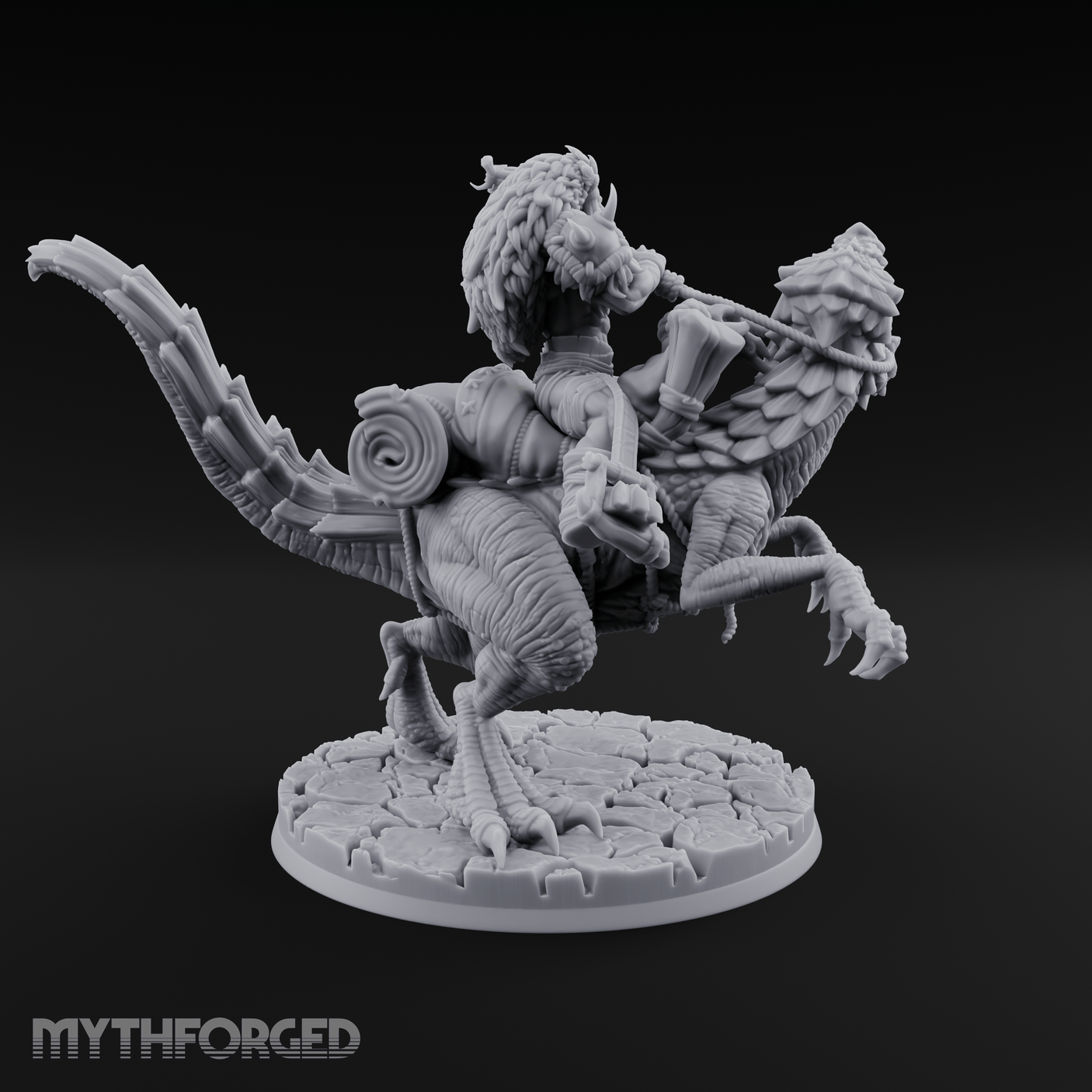 Trunk Raised Triumphant Orc Velociraptor Rider Miniature for Dungeons and Dragons, Pathfinder or other TTRPGs