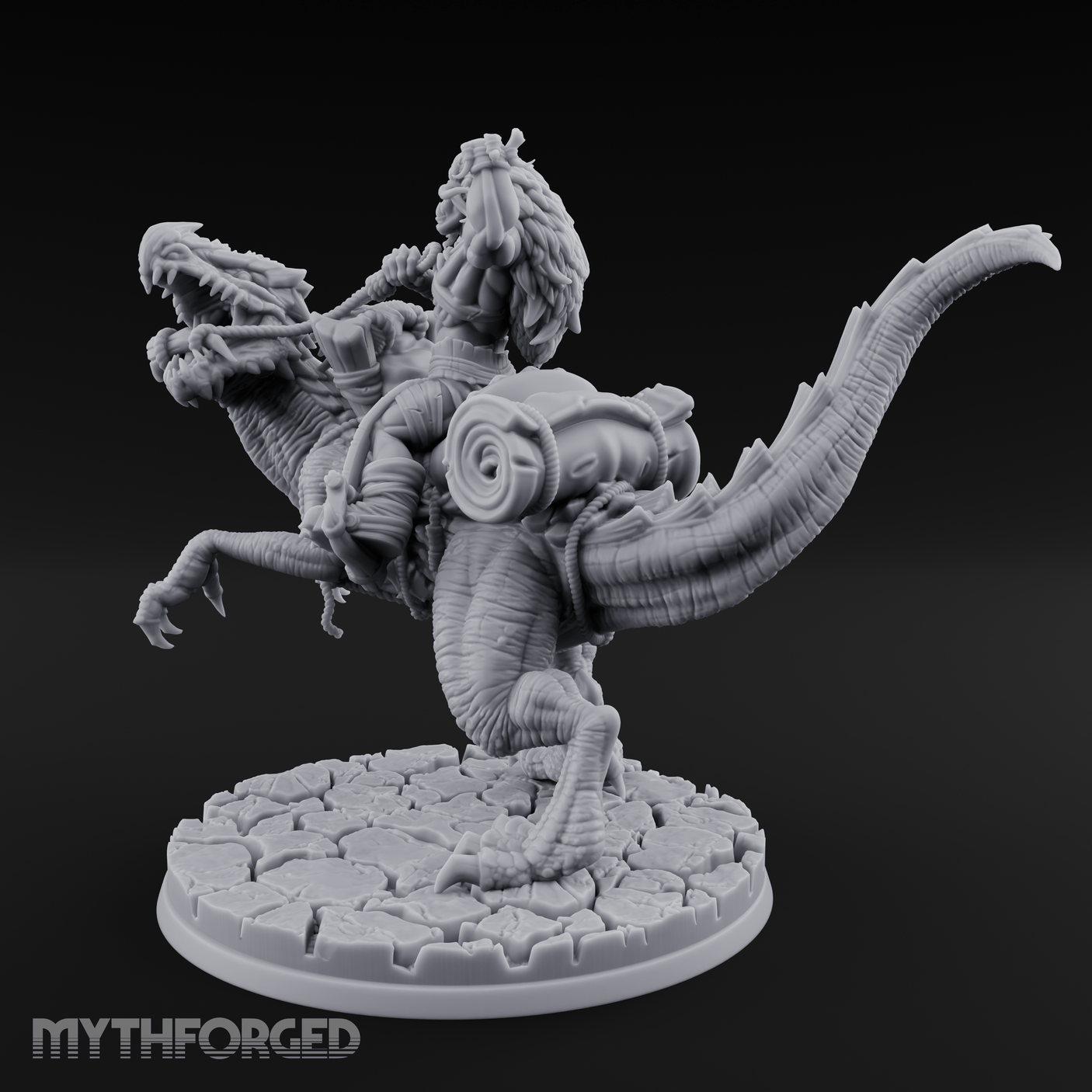 Trunk Raised Triumphant Orc Velociraptor Rider Miniature for Dungeons and Dragons, Pathfinder or other TTRPGs
