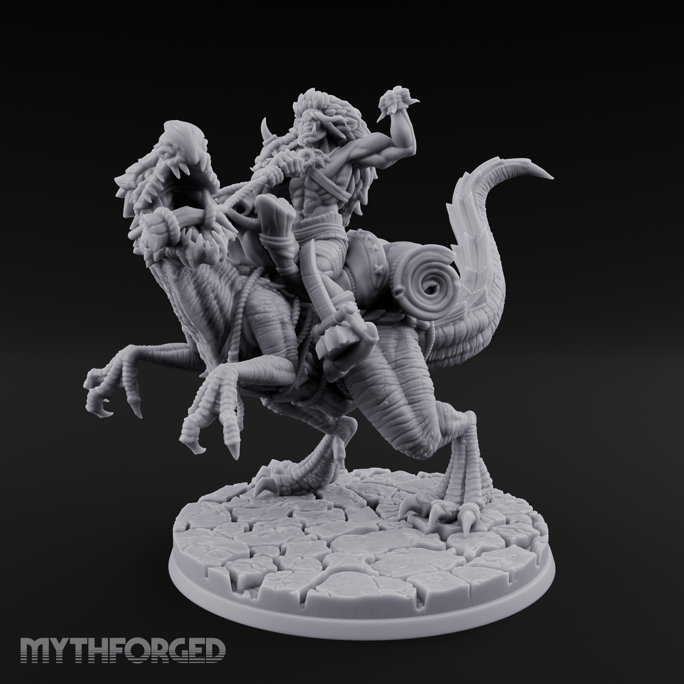 Trunk Raised Triumphant Orc Velociraptor Rider Miniature for Dungeons and Dragons, Pathfinder or other TTRPGs