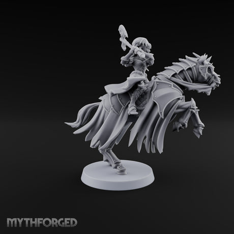 Neck and Neck Vampire Female Lord on Armoured Horse with Bat-Winged Axe
