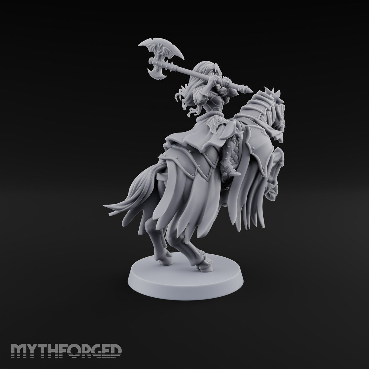 Neck and Neck Vampire Female Lord on Armoured Horse with Bat-Winged Axe