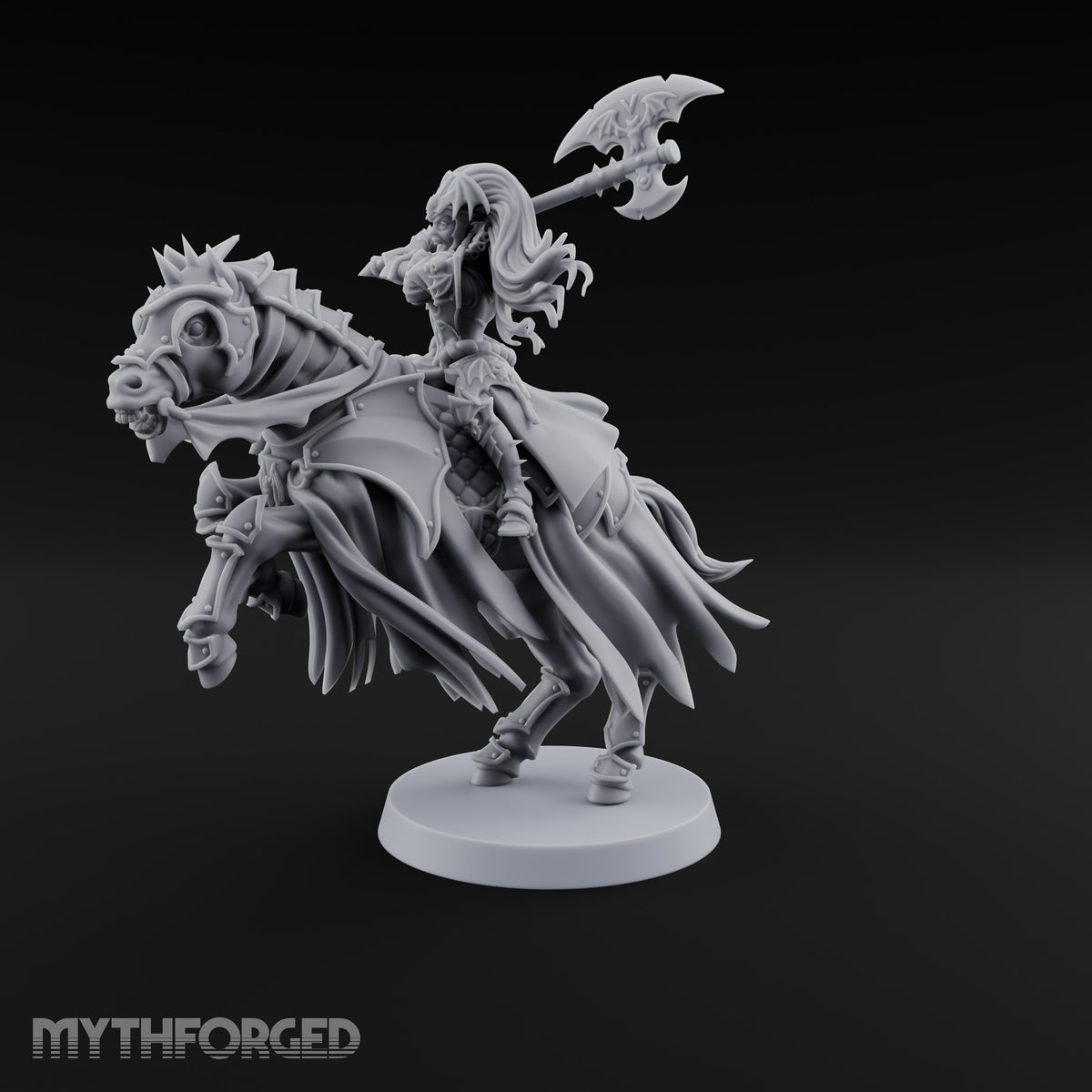 Neck and Neck Vampire Female Lord on Armoured Horse with Bat-Winged Axe