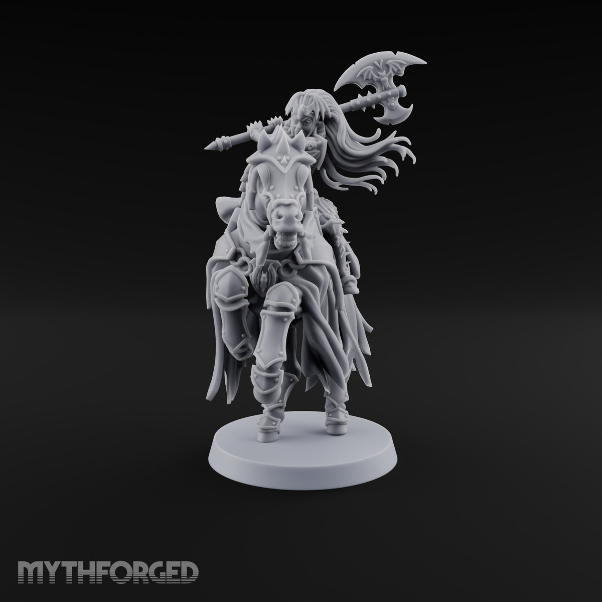 Neck and Neck Vampire Female Lord on Armoured Horse with Bat-Winged Axe
