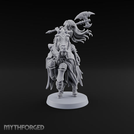 Neck and Neck Vampire Female Lord on Armoured Horse with Bat-Winged Axe