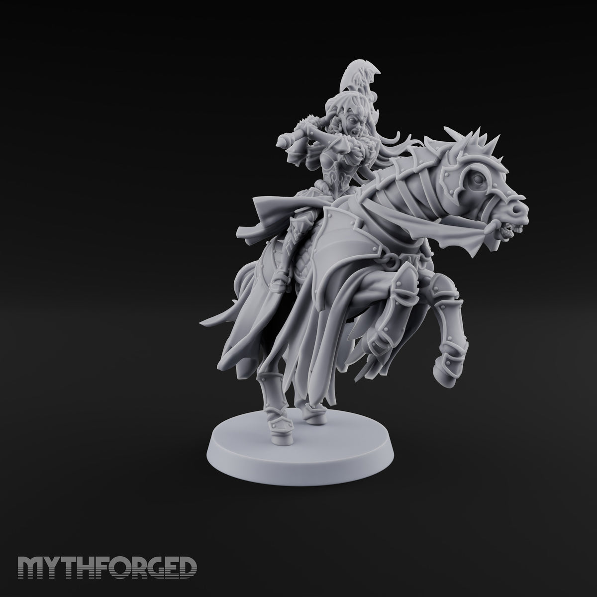 Neck and Neck Vampire Female Lord on Armoured Horse with Bat-Winged Axe