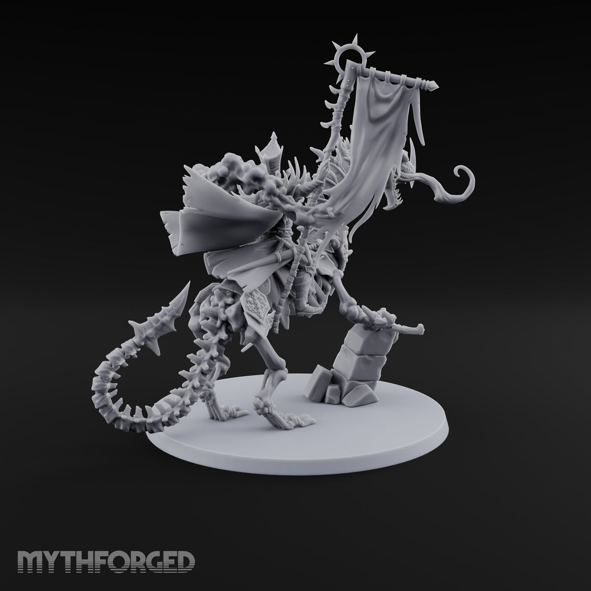 Pale and Unhurried Vampire Lord with Banner and Skull Spirits on Skeletal Mount — Banner
