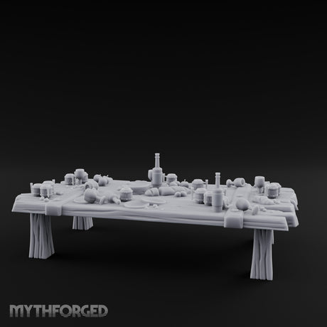 Mug-Crowded Cloth-Skirted Tavern Leftovers Table Miniature for Dungeons and Dragons, Pathfinder or other TTRPGs